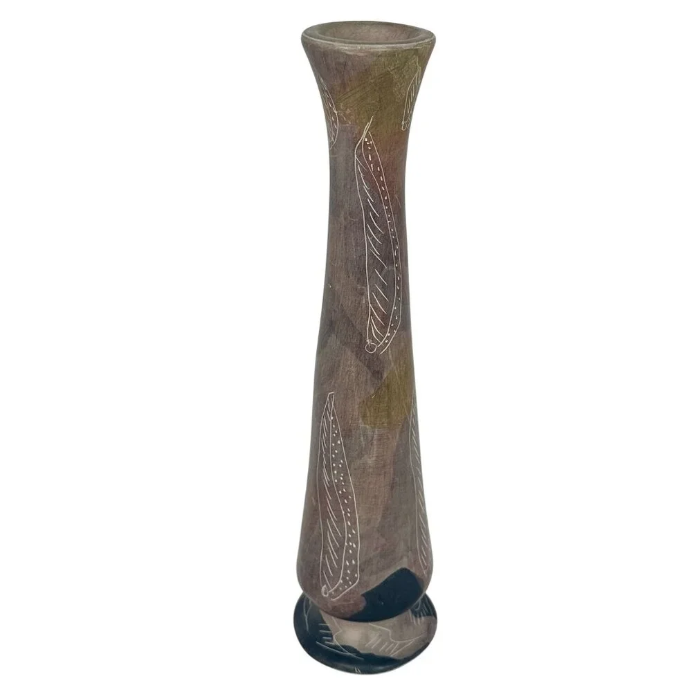 African Hand Painted Soapstone Bud Vase With Etched Leaf 10